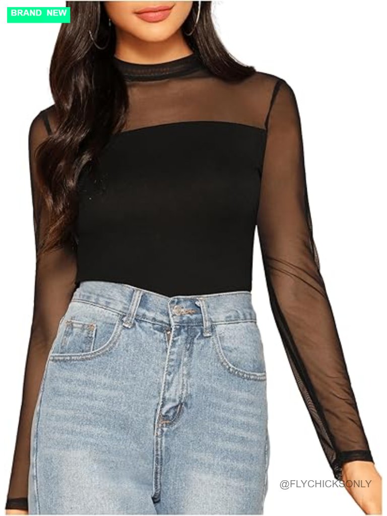 Mock Neck Long Sleeve Sheer Mesh Blouse Going Out Concert Top